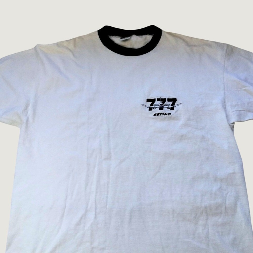 Vintage Boeing 777 Tee Size XXL Basic CSS White Aviation Ringer Graphic T-Shirt